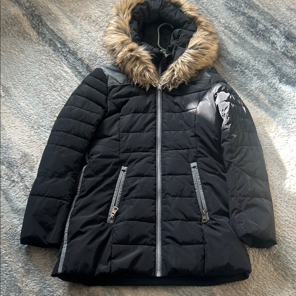 Point Zero Black Puffer Jacket with Faux Fur Hood